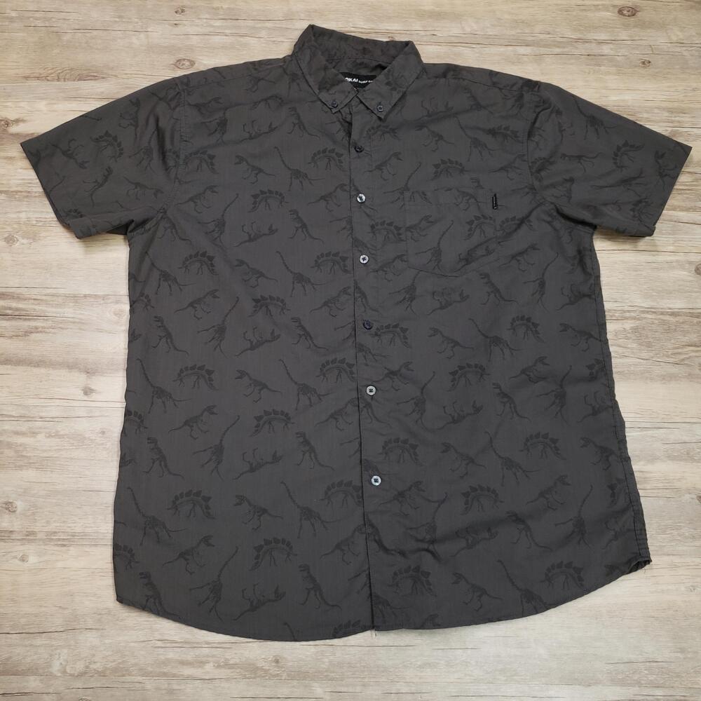 Molokai Surf Co. Shirt Mens 2XL Gray Dinosaur Print Short Sleeve Button Up